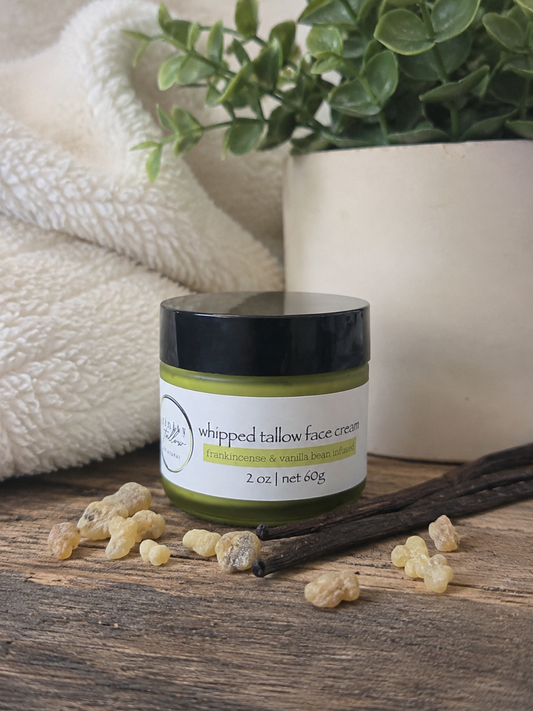 2 oz whipped tallow face cream - frankincense resin and vanilla bean infused